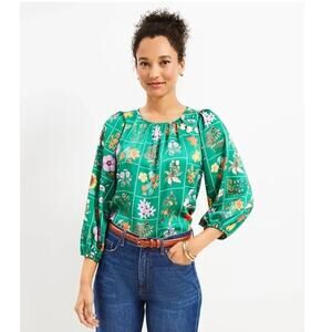 Loft Garden Fall Shirred Puff Sleeve Long Sleeve Green Blouse Size M